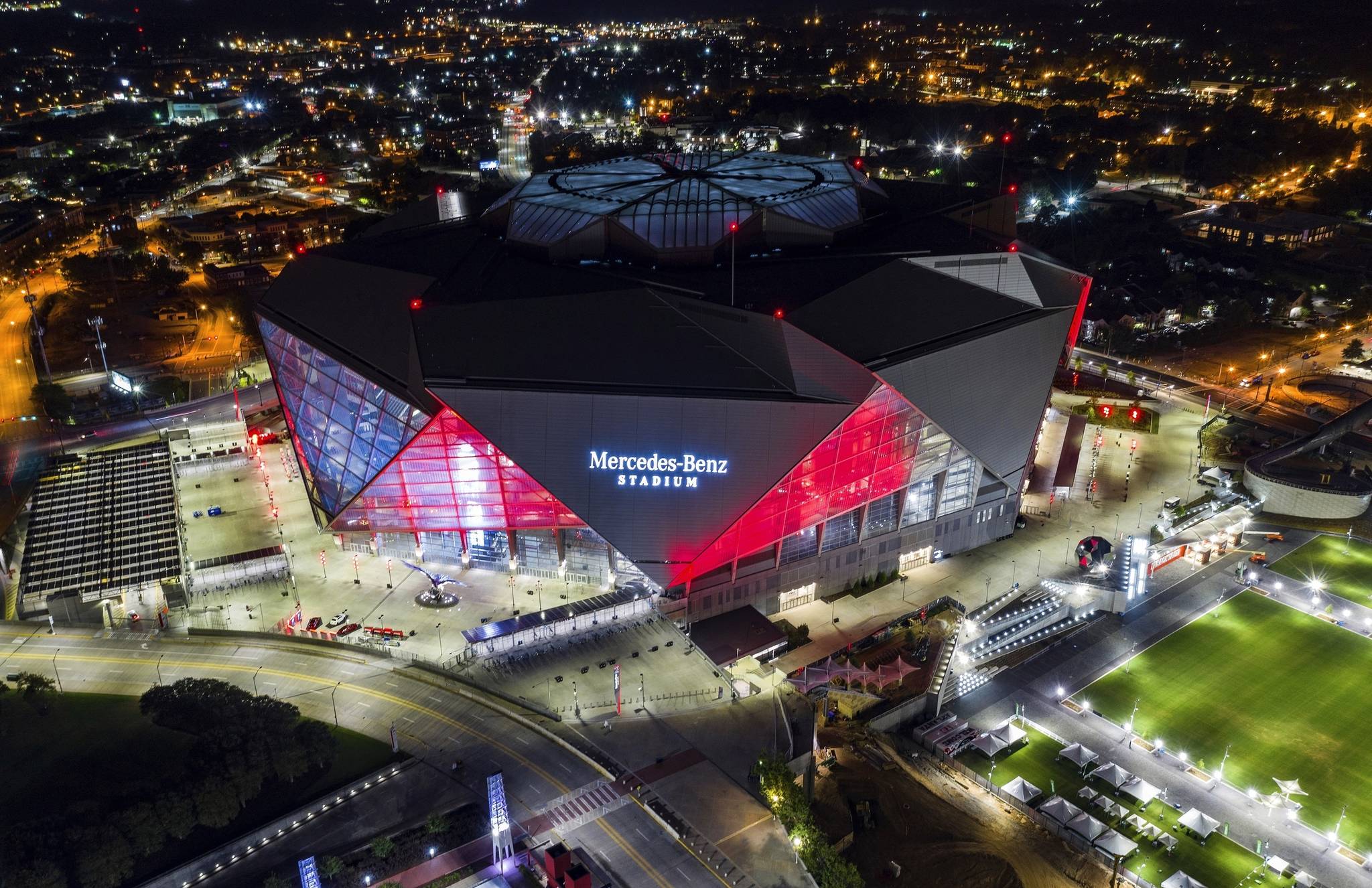 In this Friday, Sep. 21, 2018, photo, Mercedes-Benz Stadium is seen in this aerial photo in Atlanta. The stadium will be the site of Super Bowl LIII on Sunday, Feb. 3, 2019. Atlanta leaders, police and federal officials plan to discuss public safety plans ahead of Super Bowl 53. (AP Photo/Danny Karnik)