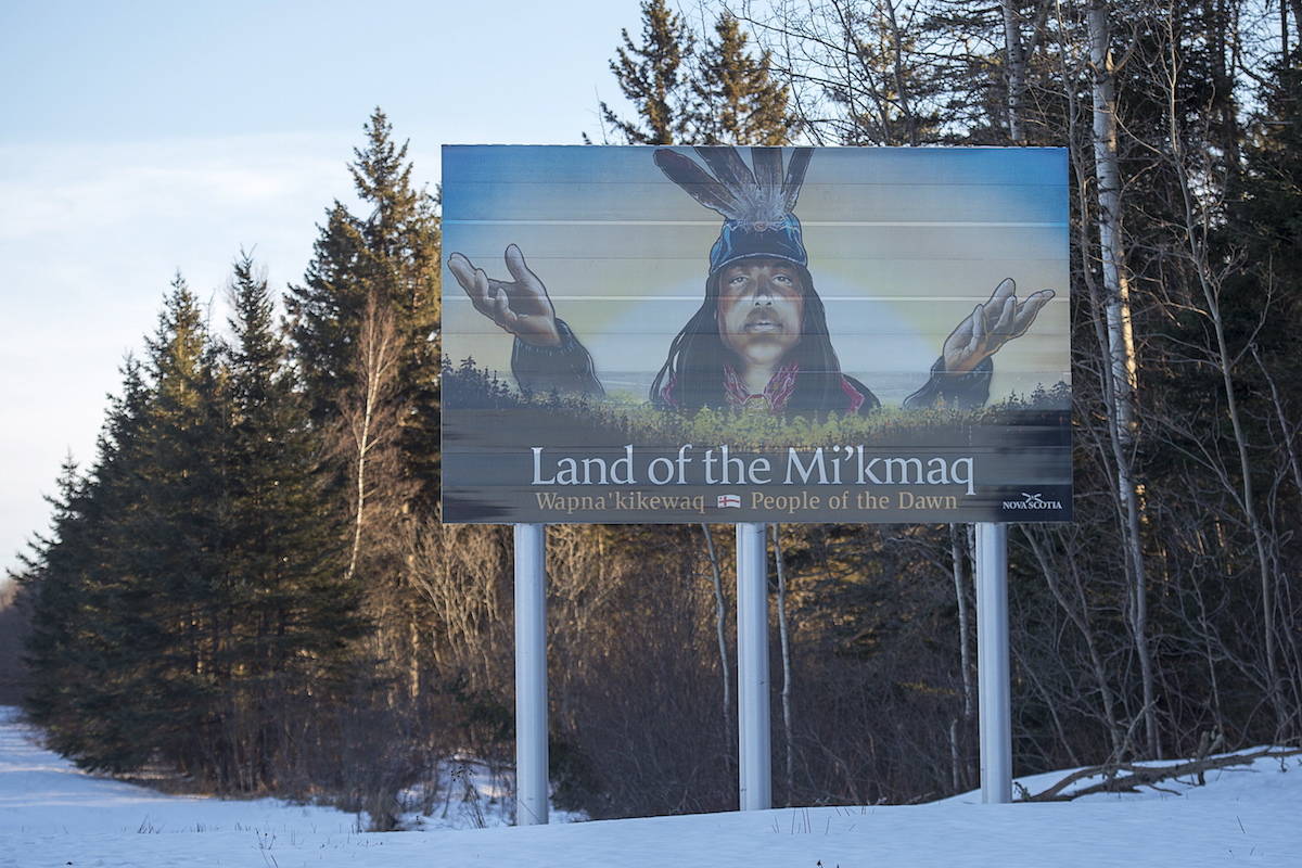 A billboard-size highway sign that highlights the province’s rich Mi’kmaq heritage stands along the Trans-Canada Highway near Amherst, N.S. on Monday, Jan. 14, 2019. THE CANADIAN PRESS/Andrew Vaughan