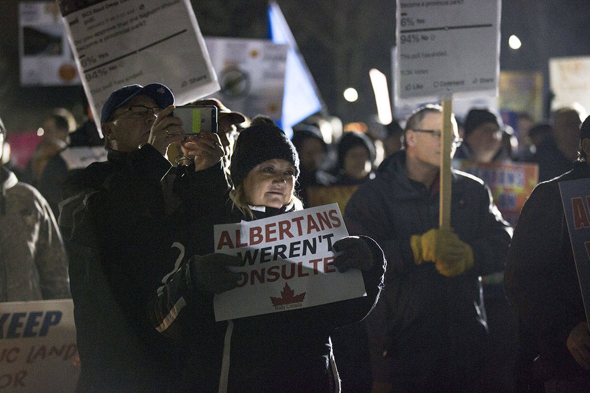 Hundreds rallied in Red Deer Thursday night calling for the proposed Bighorn Park project consultation process to start over. Robin Grant/Red Deer Express