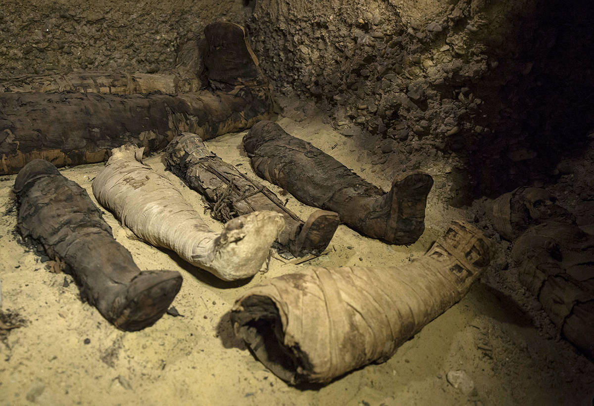 Mummies lie in a recently discovered burial chamber in the desert province of Minya, south of Cairo, Egypt, Saturday, Feb. 2, 2019. On Saturday Egypt announced that it found a number of ancient burial chambers cut in rock, carrying about 40 mummies that are in good shape, along with pottery, papyri and exquisite mummy cases. Officials told reporters at the site that the chambers, which were cut out of rock, belonged to a middle-class family that probably lived during the Ptolemaic, early Roman or Byzantine period. (AP Photo/Roger Anis)
