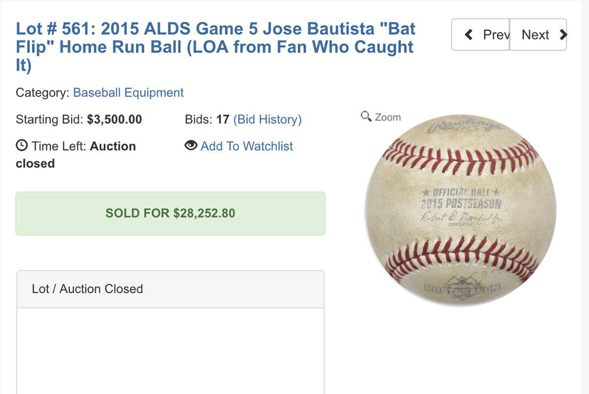 Bautista’s bat-flip ball sells at auction for more than $28,000