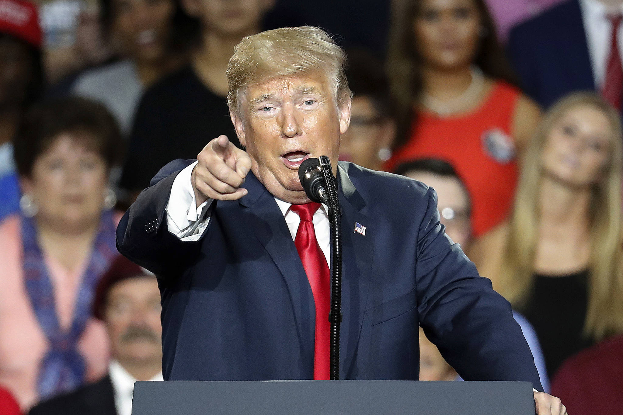 President Donald Trump speaks during a rally, Saturday, Aug. 4, 2018, in Lewis Center, Ohio. (AP Photo/John Minchillo)