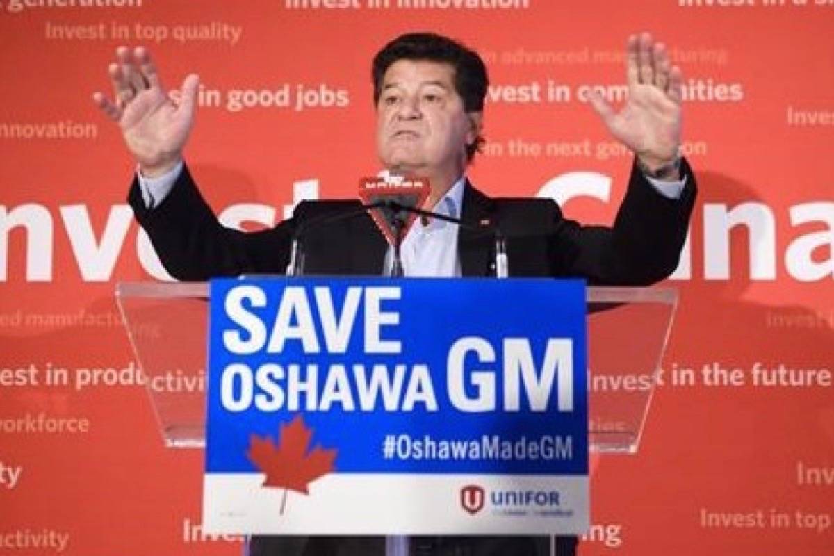 Unifor National President Jerry Dias speaks during press conference asking for all Canadians and Americans to boycott all General Motors vehicles that are made in Mexico due to the recent news about the Oshawa General Motors plant closure in Toronto on Friday, January 25, 2019. (THE CANADIAN PRESS/Nathan Denette)