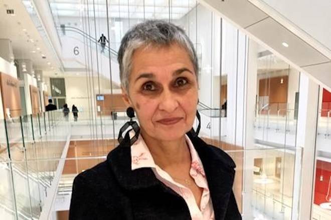 Former Green party member Annie Lahmer poses at the Paris courthouse, Monday Jan.4, 2019. (AP Photo/Nicolas Garriga)