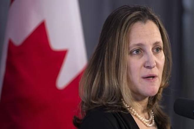 Foreign Affairs Minister Chrystia Freeland delivers a statement concerning Kirk Woodman while entering a cabinet meeting in Sherbrooke, Que. on Thursday, January 17, 2019. Canada and its Lima Group allies are meeting in Ottawa today to talk about the political, economic and humanitarian crisis in Venezuela. THE CANADIAN PRESS/Paul Chiasson