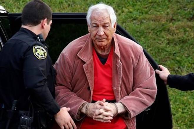 FILE - In this Oct. 29, 2015, file photo, former Penn State University assistant football coach Jerry Sandusky arrives for an appeal hearing at the Centre County Courthouse in Bellefonte, Pa. (AP Photo/Gene J. Puskar, File)