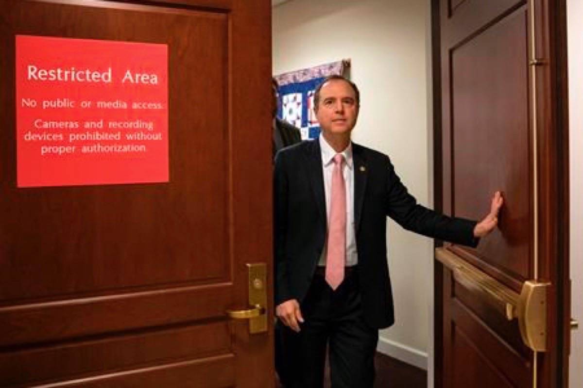 FILE - In this March 22, 2018 file photo, Rep. Adam Schiff, D-Calif., ranking member of the House Intelligence Committee, exits a secure area to speak to reporters, on Capitol Hill in Washington. The House intelligence committee is expected to vote to send more than 50 interview transcripts to special counsel Robert Mueller. (AP Photo/J. Scott Applewhite)