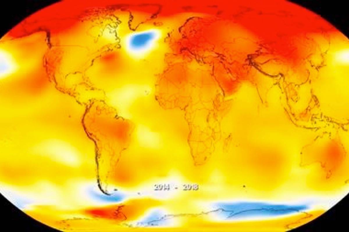 This map made available by NASA in February 2019 shows global surface temperature anomalies for 2014-2018. Higher than normal temperatures are shown in red and lower than normal temperatures are shown in blue. Two U.S. agencies, the United Kingdom Met Office and the World Meteorological Organization analyzed global temperatures in slightly different ways, but each came to the same conclusion on Wednesday, Feb. 6, 2019: 2018 was the fourth-warmest year on record behind 2016, 2015 and 2017. (Kathryn Mersmann/NASA - Scientific Visualization Studio via AP)