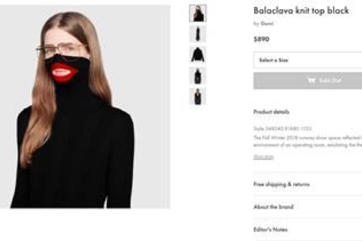 A screenshot taken on Thursday Feb.7, 2019 from an online fashion outlet showing a Gucci turtleneck black wool balaclava sweater for sale, that they recently pulled from its online and physical stores. Gucci has apologized for the wool sweater that resembled a “blackface” and said the item had been removed from its online and physical stores, the latest case of an Italian fashion house having to apologize for cultural or racial insensitivity. (AP Photo)