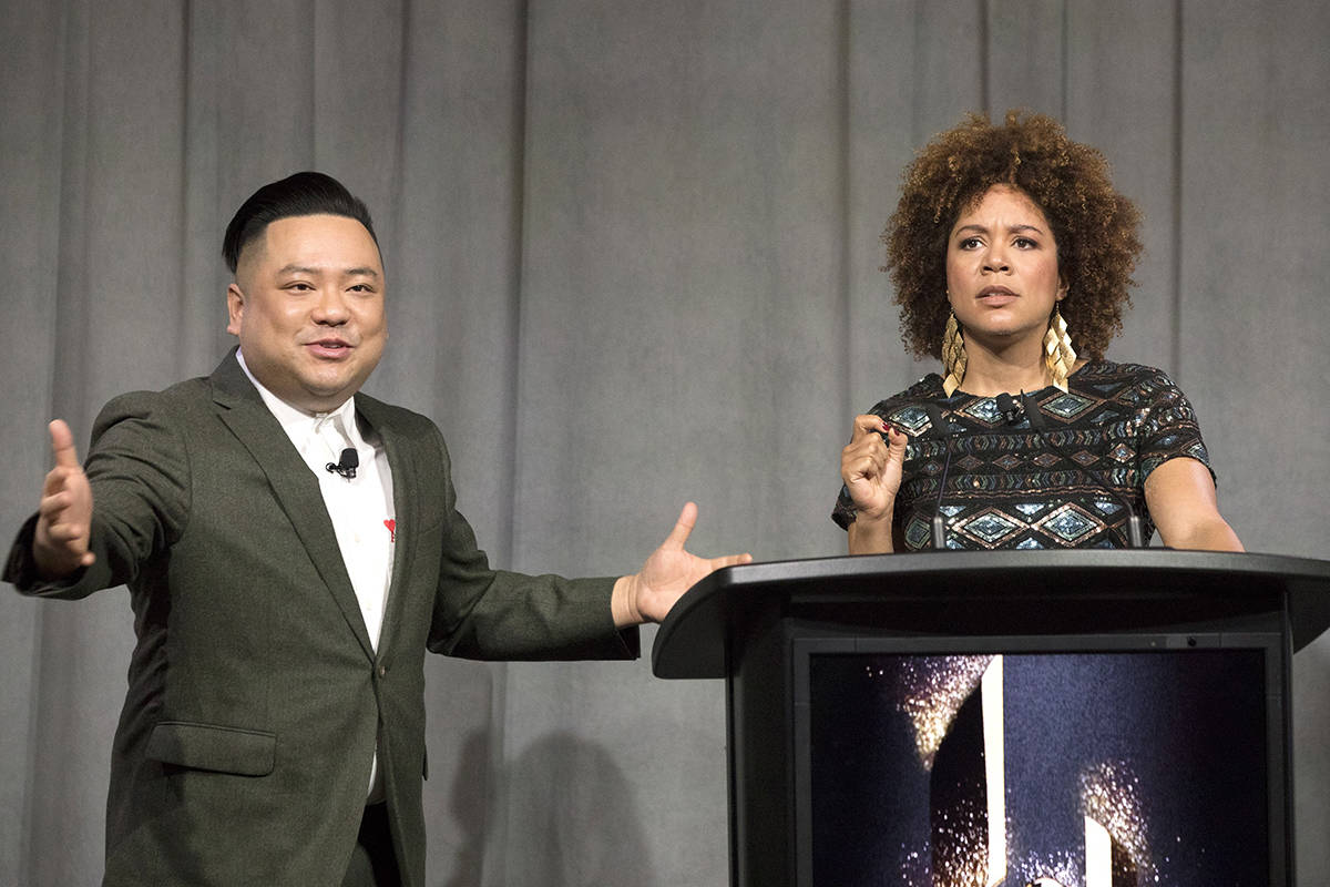 Andrew Phung (left) and Aisha Alfa present the nominations for the 2019 Canadian Screen Awards are announced in Toronto, on Thursday, February 7, 2019. (Chris Young/The Canadian Press)