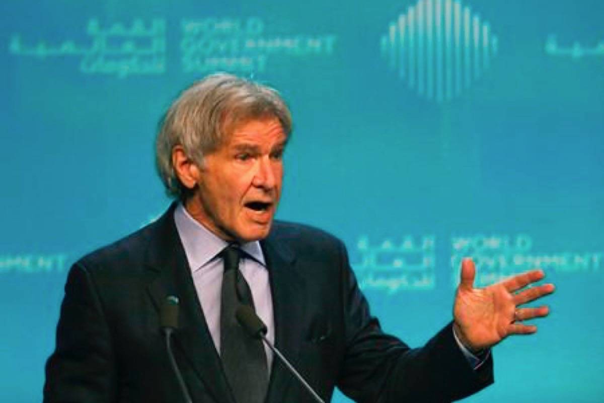 American actor Harrison Ford speaks about ocean conservation at the World Government Summit in Dubai, United Arab Emirates, Tuesday, Feb. 12, 2019. Ford offered an emphatic plea for protecting the world’s oceans while calling out U.S. President Donald Trump and others who “deny or denigrate science.” (AP Photo/Jon Gambrell)