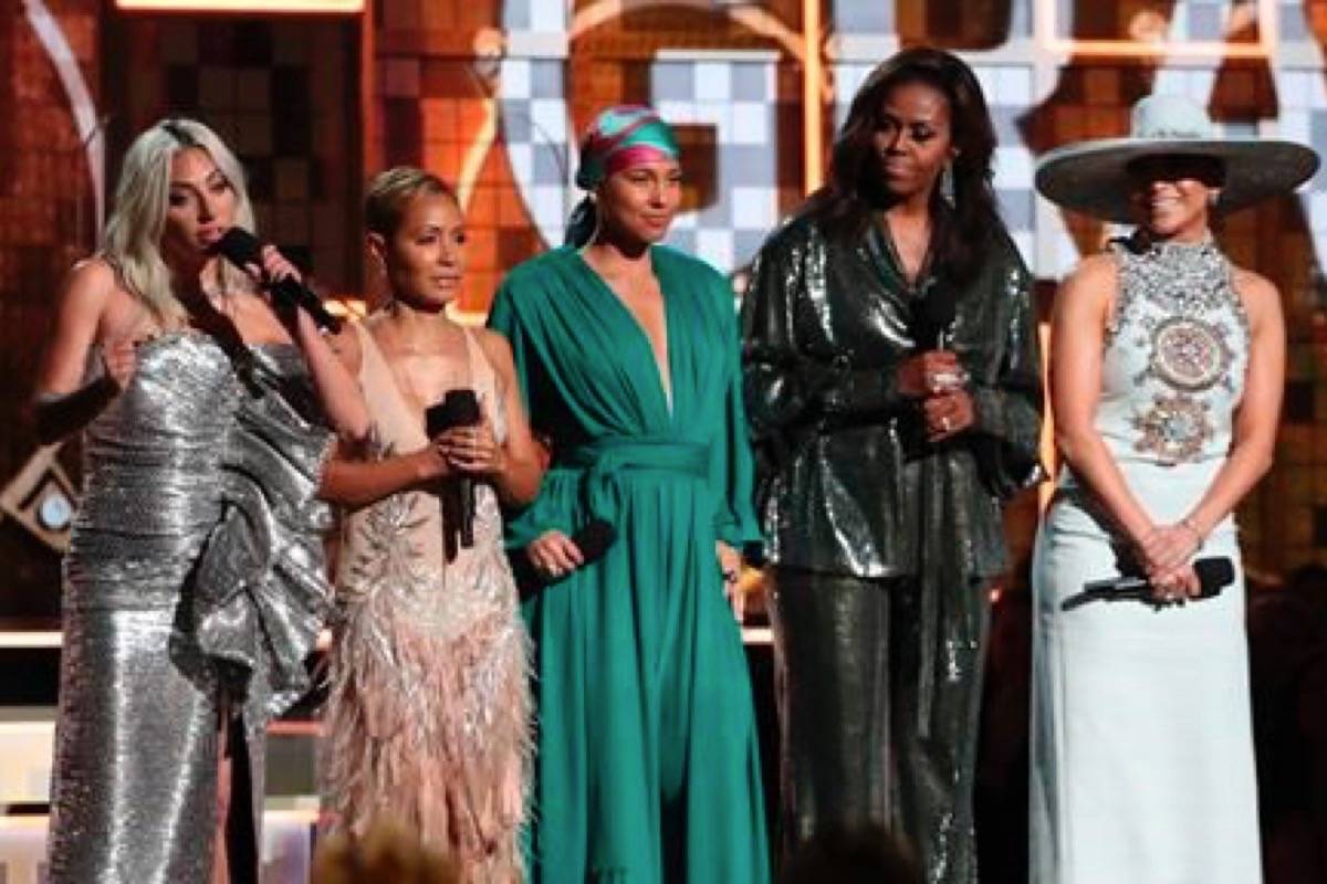 Lady Gaga, from left, Jada Pinkett Smith, Alicia Keys, Michelle Obama and Jennifer Lopez speak at the 61st annual Grammy Awards on Sunday, Feb. 10, 2019, in Los Angeles. (Photo by Matt Sayles/Invision/AP)