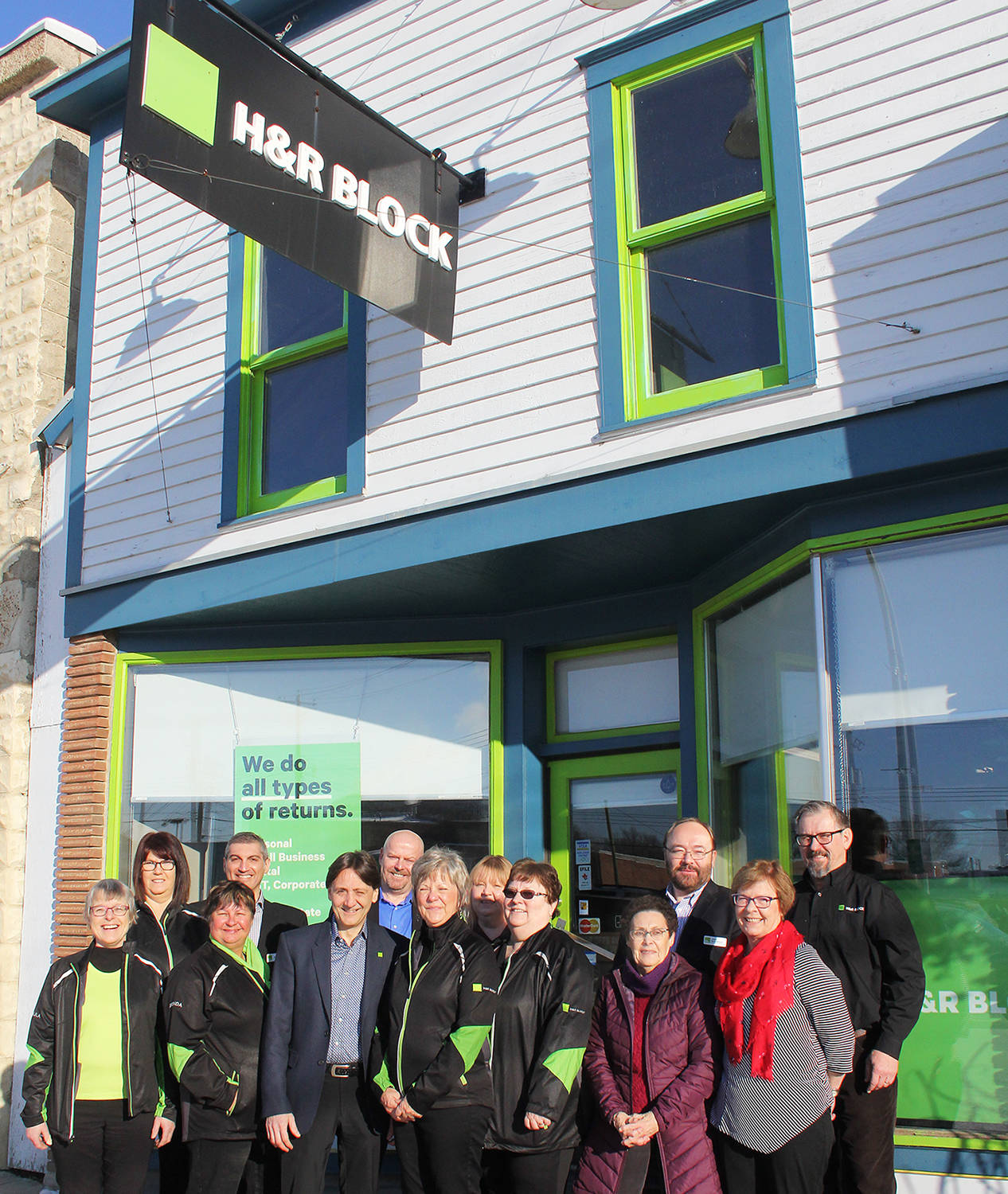 After 45 years of business in town, Ponoka’s H&R Block held a special celebration Thursday with cake and coffee for clients. The celebration is significant enough that the company president visited with company executives. Pictured in the photo are (l-r) Ursula Hefti, tax preparer; Gena Whiting, client service leader; Brenda Hulsman; senior tax pro; Altaf Hirji, AVP retail operations; Peter Bruno, president; Rob Conway, vp operations; Cecile Wahl, owner/operator; Tracy Taylor, district district manager; Joyce Vopni, tax pro; Jean Hastie, client; John Hickerson, director of franchise development plus Camrose franchise owners Janice and Allen Zimmerman.                                Photo by Jeffrey Heyden-Kayep[;