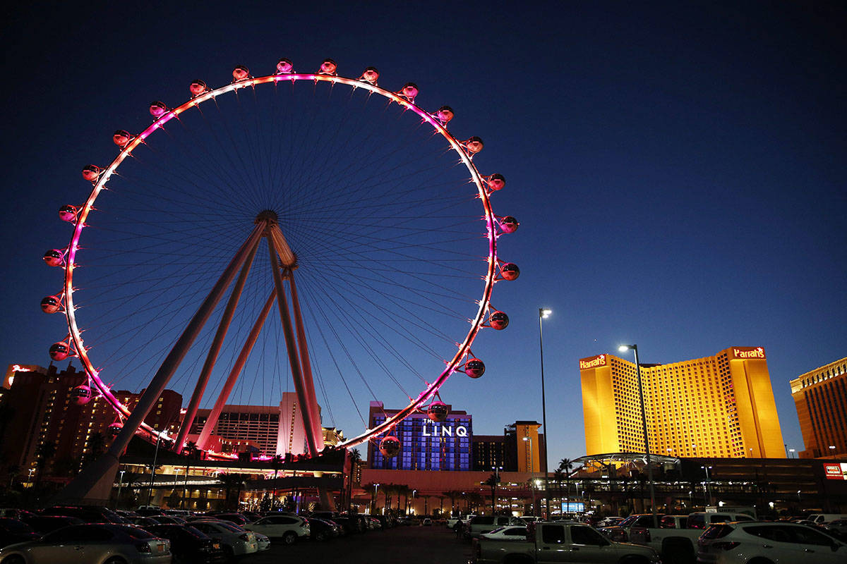 In this April 15, 2015, photo, the High Roller, the world’s tallest observation wheel, is seen in Las Vegas. Whether you’re coming to Las Vegas for a convention, wedding or just a vacation, casinos are just one option, along with shopping, spas, food, nightlife, festivals and various other adventures. (John Locher/AP Photo)