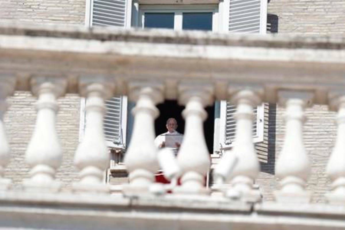 Pope Francis delivers his message during the Angelus noon prayer in St. Peter’s Square at the Vatican, Sunday, Feb. 17, 2019. The pontiff is asking for prayers for this week’s sex abuse summit at the Vatican, calling abuse an “urgent challenge of our time.” (AP Photo/Gregorio Borgia)