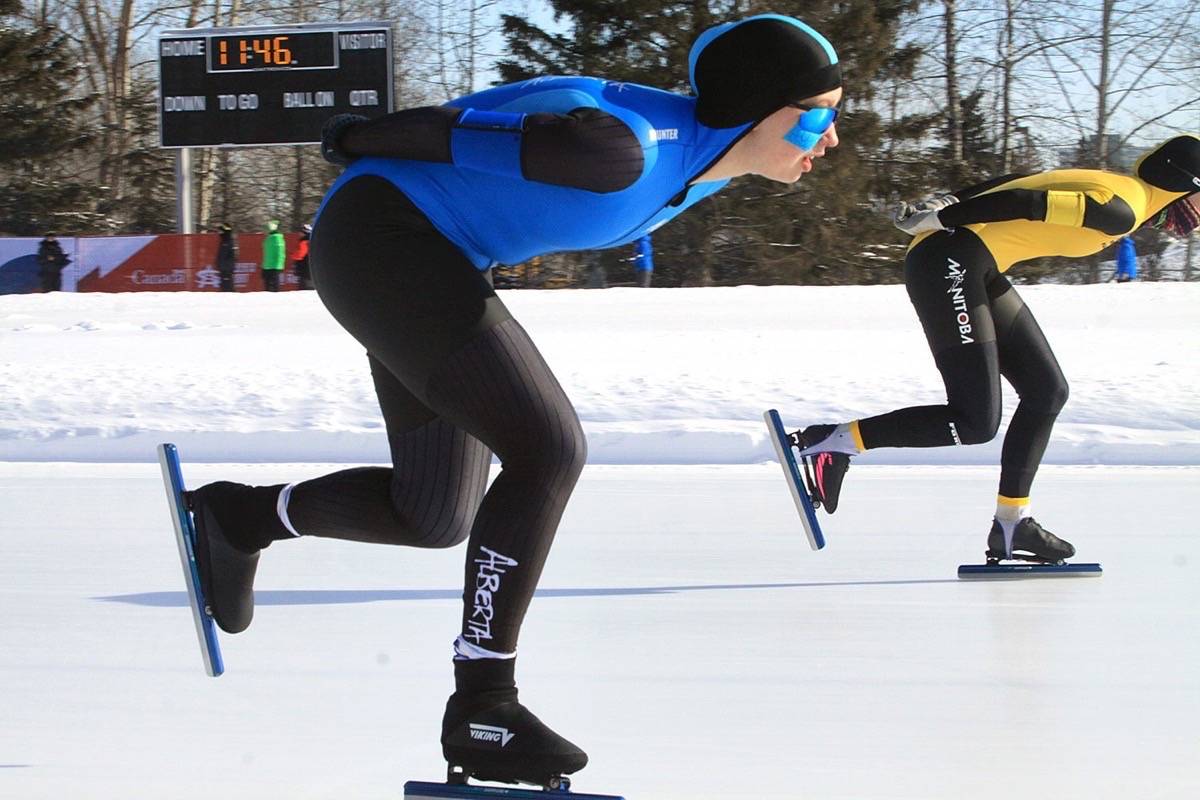 Alberta’s Kayla McNeely hits the line on her bell lap in the Ladies 3,000m speed skating at Great Chief Park Feb. 19th.                                Photo by Jordie Dwyer/Black Press News Services