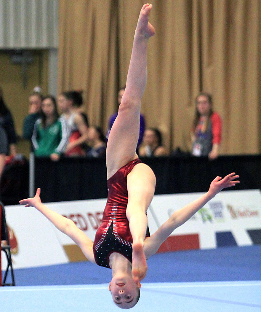 Amelie Blanton of New Brunswick used this flip on the floor exercise event in the Women’s All Around Gymnastics competition to score 8.612 at the Collicutt Centre on Feb. 19th. Photo by Jordie Dwyer/Black Press News Services