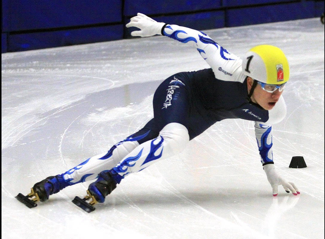 Brendan Yamada cruises through the corner in his Men’s 500m Short Track Speed Skating quarterfinal at the Gary W. Harris Canada Games Centre on Feb. 20th. Photo by Jordie Dwyer/Black Press News Services