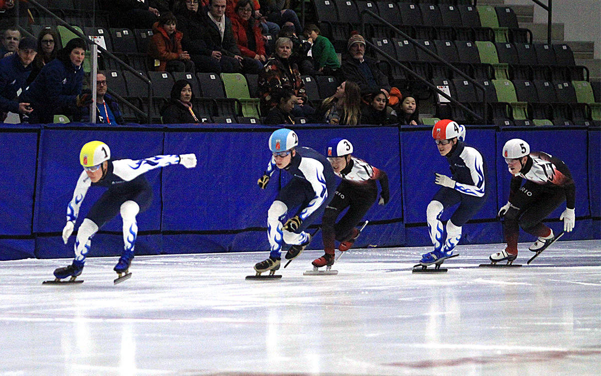 Alberta’s Brendan Yamada leads the pack in the first Short Track Speed Skating 500m Men’s quarterfinal at the Gary W. Harris Canada Games Centre on Feb. 20th. Photo by Jordie Dwyer/Black Press News Services