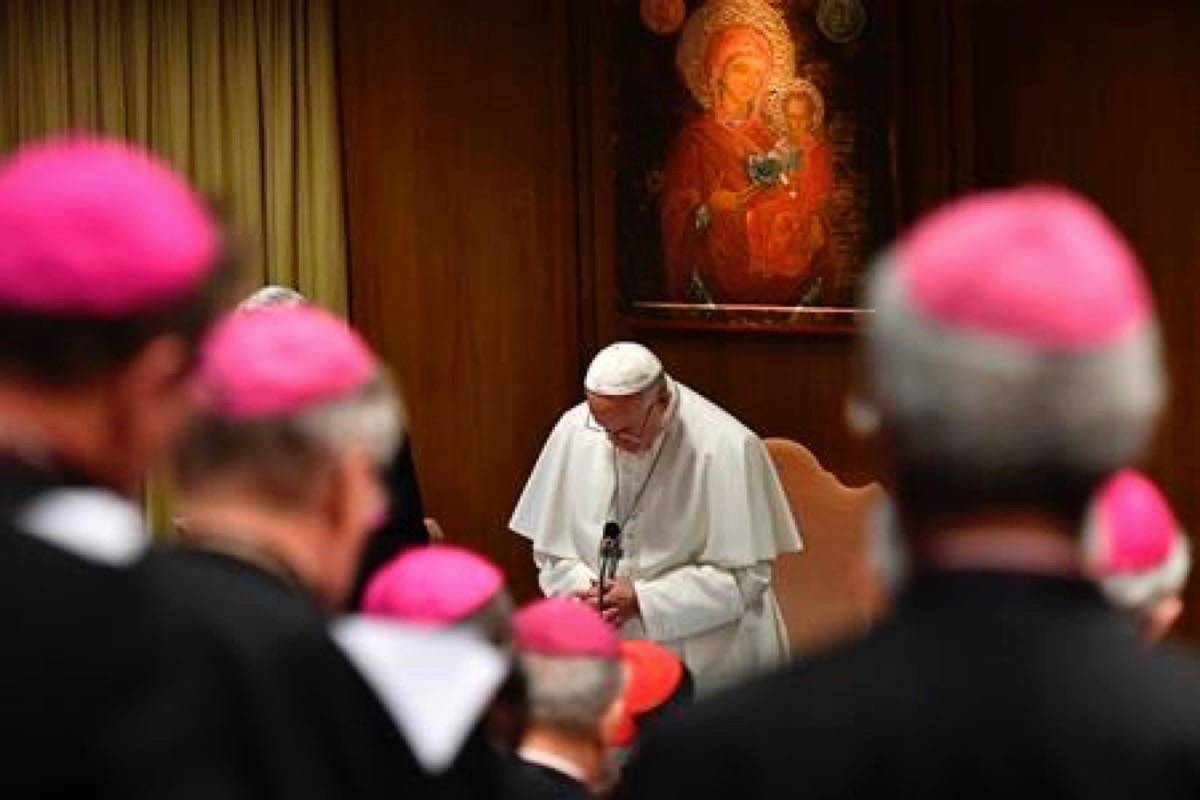 Pope Francis prays during the opening of a sex abuse prevention summit, at the Vatican, Thursday, Feb. 21, 2019. The gathering of church leaders from around the globe is taking place amid intense scrutiny of the Catholic Church’s record after new allegations of abuse and cover-up last year sparked a credibility crisis for the hierarchy. (Vincenzo Pinto/Pool Photo via AP)