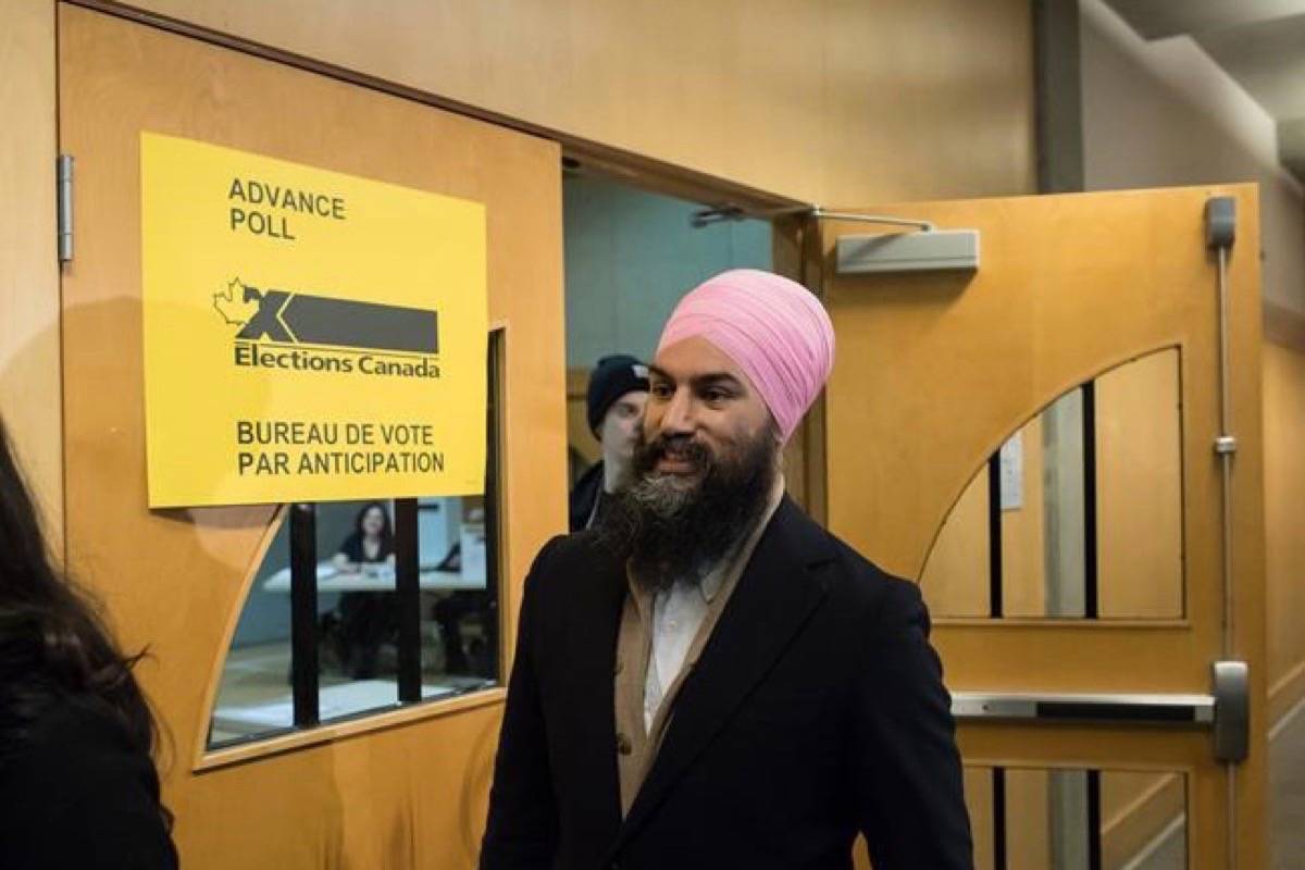 NDP Leader Jagmeet Singh leaves an advance poll after casting his ballot for the federal byelection in Burnaby South, in Burnaby, B.C., on February 15, 2019. THE CANADIAN PRESS/Darryl Dyck