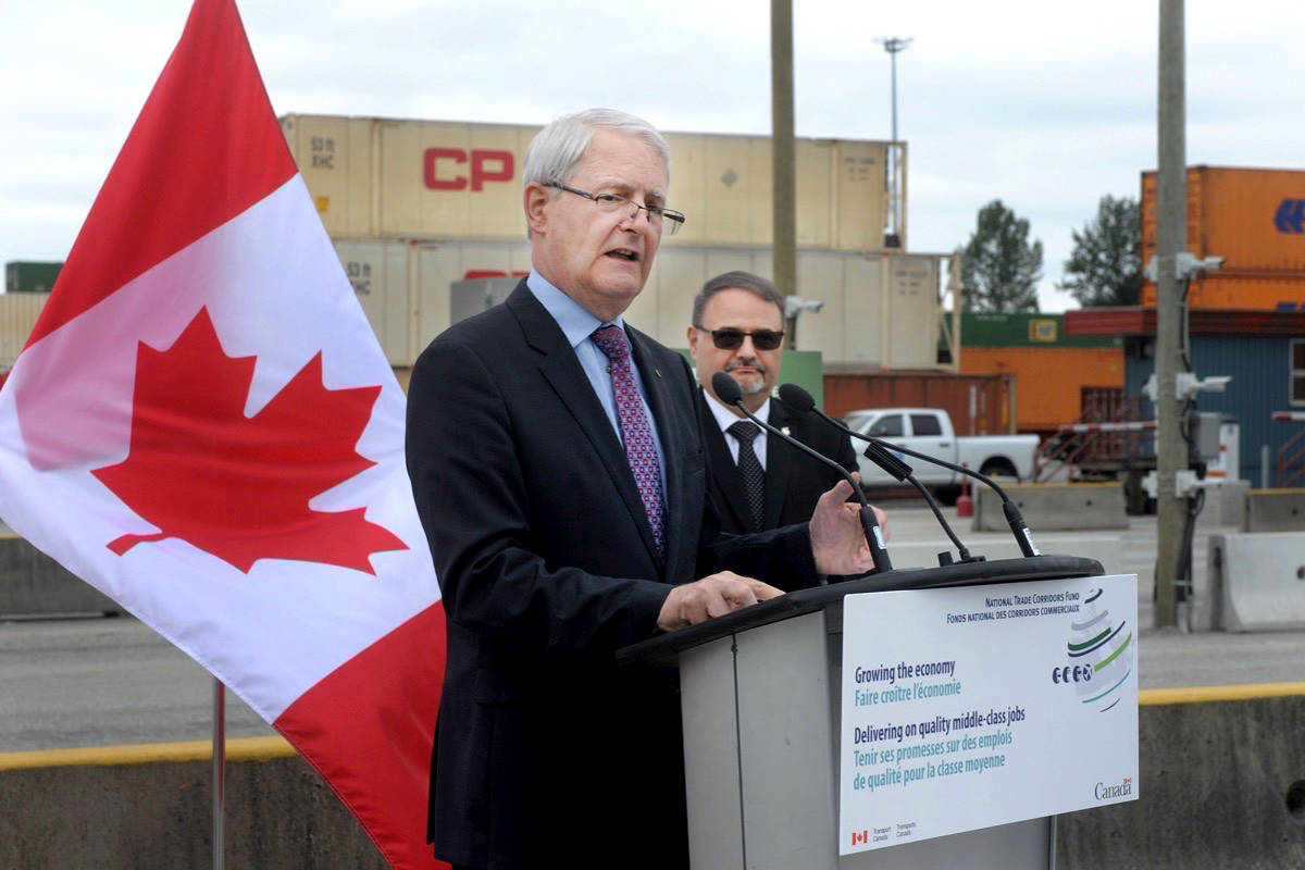 FILE - Transportation Minister Marc Garneau at the CP Rail intermodal yard in Pitt Meadows. (Colleen Flanagan/THE NEWS)