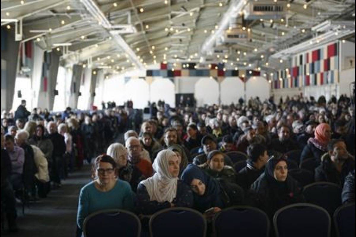 More than a thousand family, friends, and members of the community arrive at the funeral for the seven Syrian refugee Barho siblings in Halifax on Saturday, February 23, 2019. The siblings, who died in a house fire earlier in the week, are survived by their parents. (Darren Calabrese/The Canadian Press)