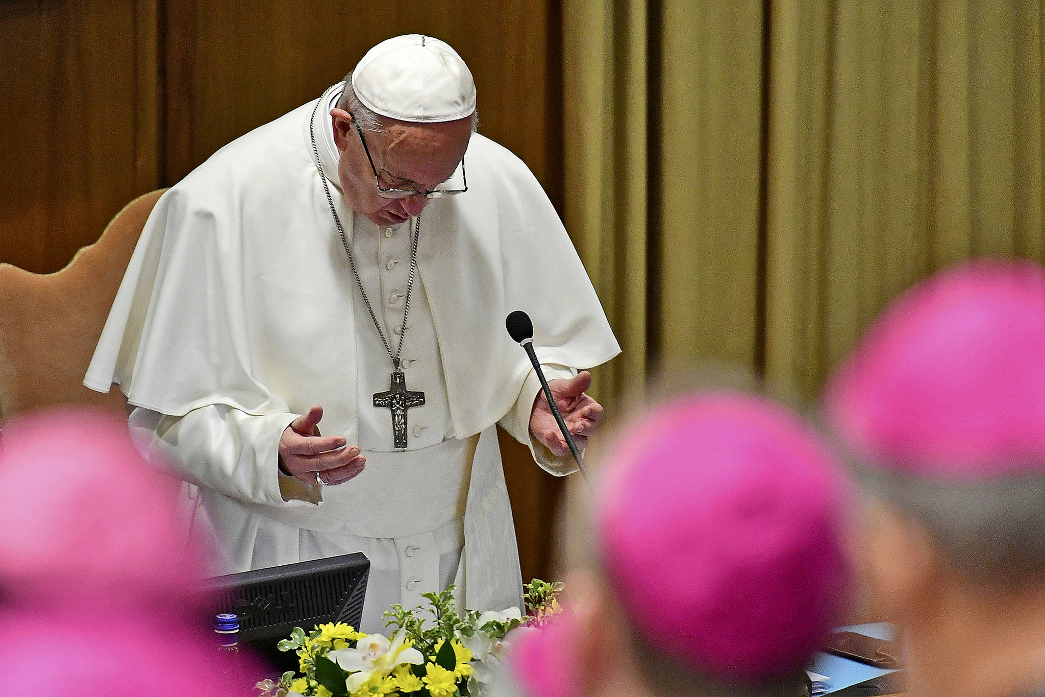 Pope Francis prays at the opening of a sex abuse prevention summit, at the Vatican, Thursday, Feb. 21, 2019. The gathering of church leaders from around the globe is taking place amid intense scrutiny of the Catholic Church’s record after new allegations of abuse and cover-up last year sparked a credibility crisis for the hierarchy. (Vincenzo Pinto/Pool Photo via AP)