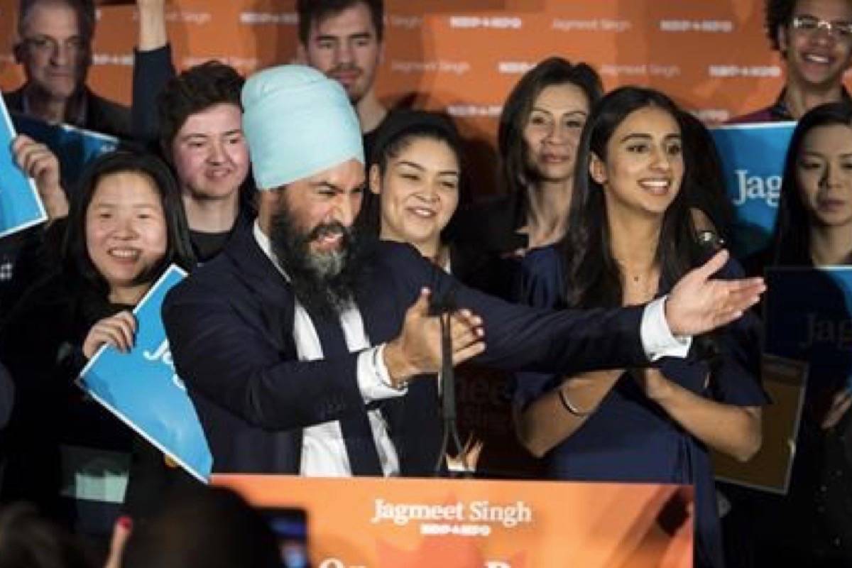 NDP leader Jagmeet Singh celebrates his Burnaby South byelection win in Burnaby, B.C., Monday, Feb. 25, 2019. THE CANADIAN PRESS/Jonathan Hayward