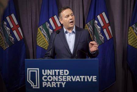 Jason Kenney speaks to the media at his first convention as leader of the United Conservative Party in Red Deer, Alta., Sunday, May 6, 2018. (THE CANADIAN PRESS/Jeff McIntosh)