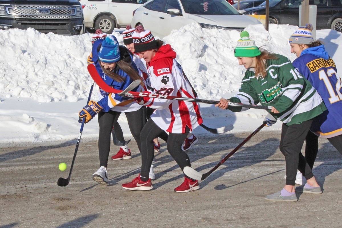 Members of Canada’s National Women’s Under-18 hockey team reunited at Red Deer College to play some road hockey. Carlie Connolly/Red Deer Express