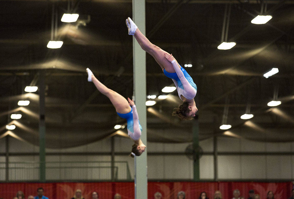 Team Alberta gymnasts Kalena Soehn and Alex Boucher placed sixth in the women’s synchro trampoline gymnastics competition Thursday night. Robin Grant/Red Deer Express