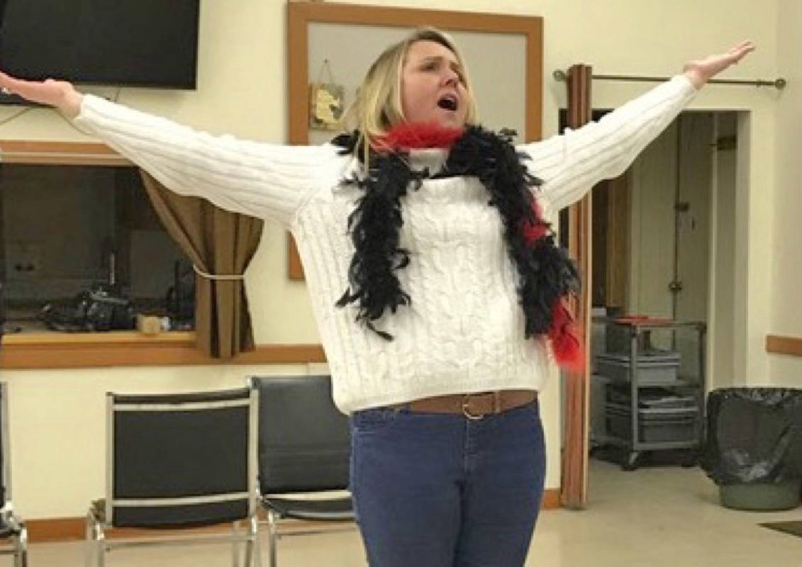 Haeley Ginter belts out a tune during rehearsals for Mixed Nuts to be presented by Red Deer Players March 23rd. Photo submitted