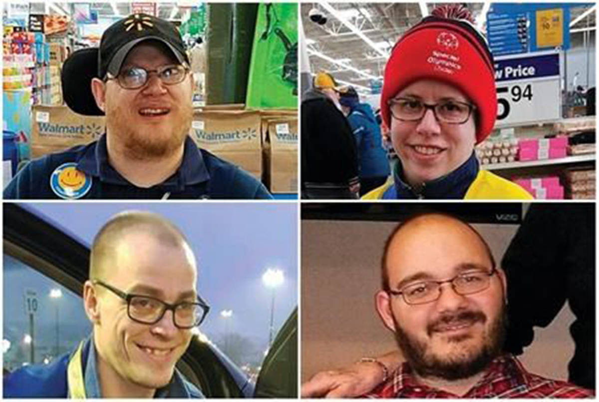 This combination of images shows Walmart greeters, clockwise from top left, John Combs in Vancouver, Wash., Ashley Powell in Galena, Ill., Mitchell Hartzell in Hazel Green, Ala., and Adam Catlin in Selinsgrove, Pa. Combs, Powell, Hartzell and Catlin are among disabled Walmart greeters threatened with job loss as Walmart transforms the greeter position into one that’s more physically demanding. (Rachel Wasser/Tamara Ambrose/Gina Hopkins/Holly Catlin via AP)