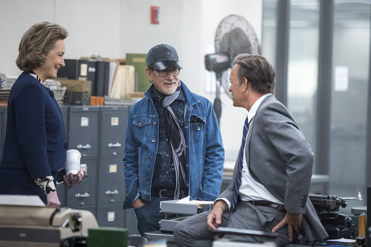 Meryl Streep, Director Steven Spielberg, and Tom Hanks on the set of THE POST. (Niko Tavernise)