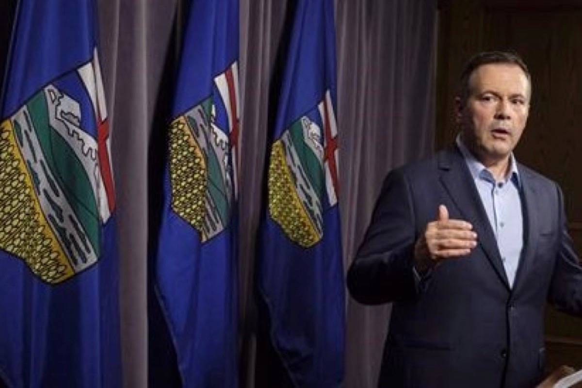 Jason Kenney speaks to the media at his first convention as leader of the United Conservative Party in Red Deer, Alta., Sunday, May 6, 2018. (THE CANADIAN PRESS/Jeff McIntosh)