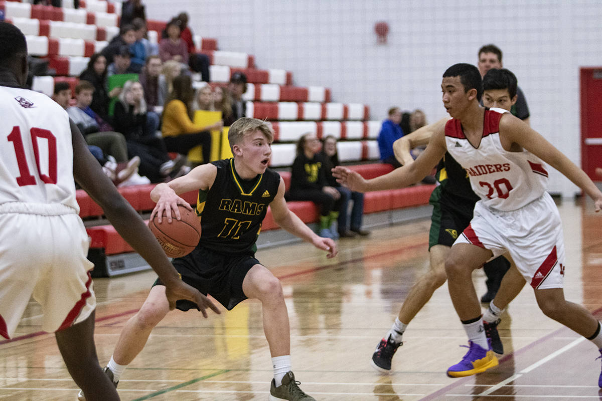 The Lacombe Rams had trouble penetrating in their Game 2 semifinal game against the Lindsay Thurber Raiders. The Raider’s 76-43 punched their ticket to the 4A Provincials in Edmonton. Todd Colin Vaughan/Lacombe Express