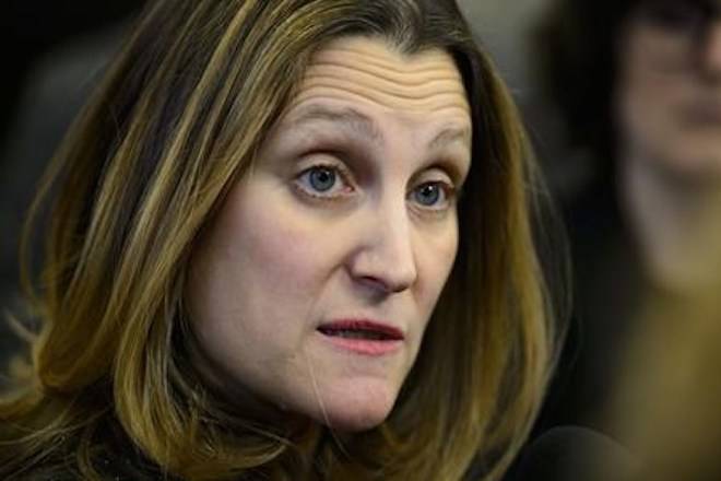 Minister of Foreign Affairs Chrystia Freeland speaks to media following a cabinet meeting on Parliament Hill in Ottawa on Tuesday, Jan. 29, 2019. THE CANADIAN PRESS/Sean Kilpatrick