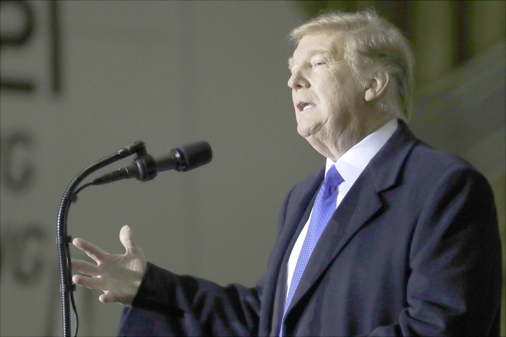 President Donald Trump speaks to service members at Joint Base Elmendorf-Richardson, Thursday, Feb. 28, 2019, in Anchorage, Alaska., during a refueling stop as he returns from Hanoi. (AP Photo/Evan Vucci)