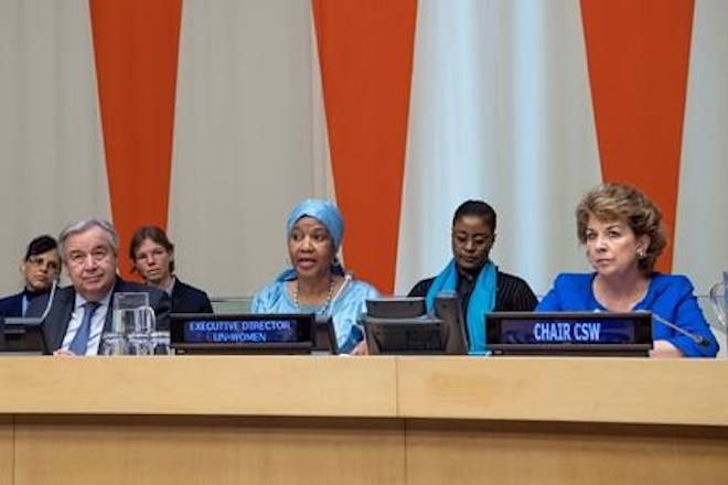 In this Friday, March 8, 2019 photo provided by the United Nations, Phumzile Mlambo-Ngcuka, third from right, executive director of UN Women, speaks at the United Nations Observance of International Women’s Day at the United Nations headquarters. (Eskinder Debebe/The United Nations via AP)