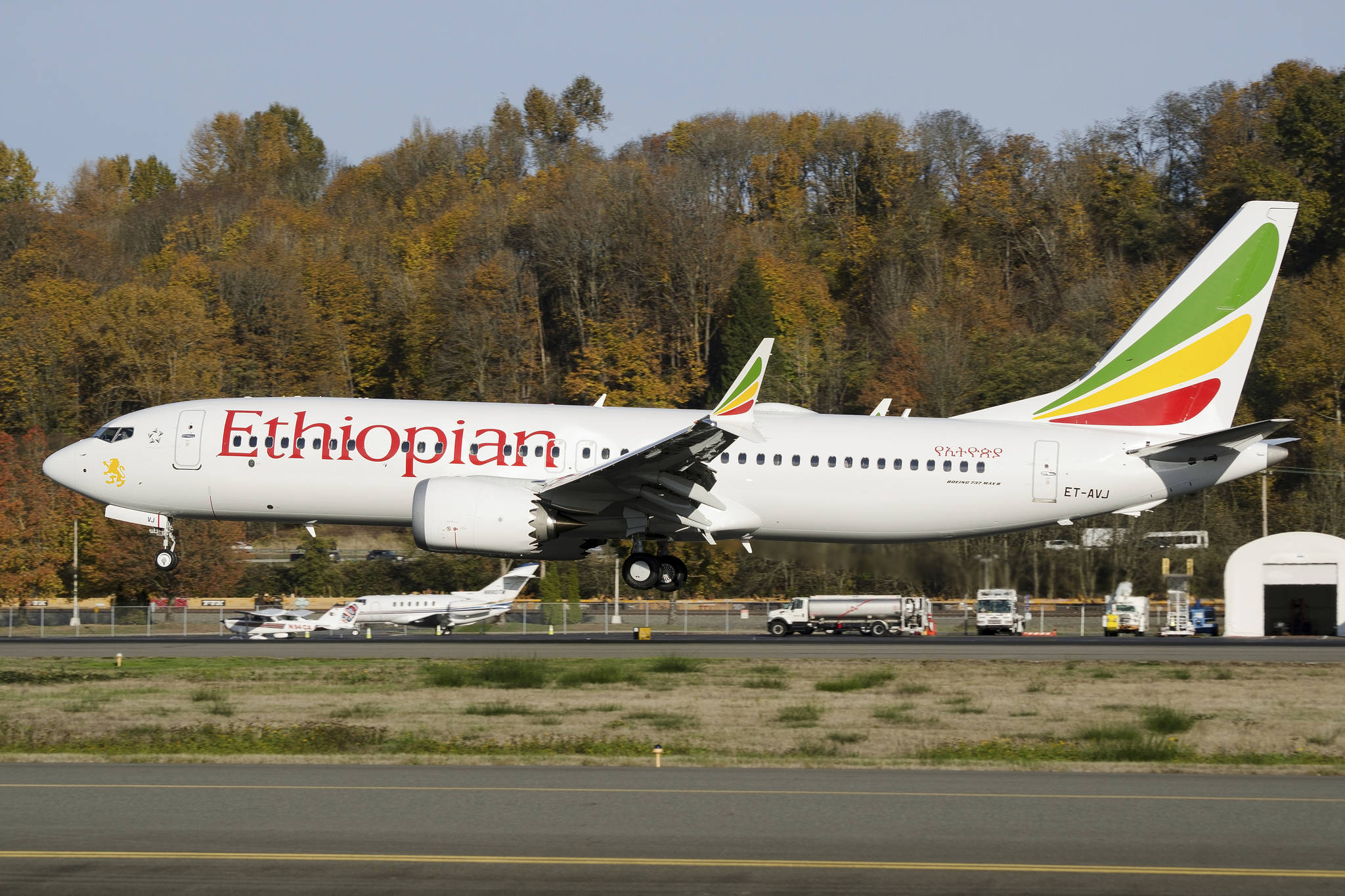In this photo dated November 12, 2018, the actual Ethiopian Airlines Boeing 737 - Max 8 plane, that crashed Sunday March 10, 2019, shortly after take-off from Addis Ababa, Ethiopia, shown as it lands at Seattle Boeing Field King County International airport, USA. U.S. aviation experts on Tuesday March 12, 2019, joined the investigation into the crash of this Ethiopian Airlines jetliner that killed 157 people, as questions grow about the new Boeing plane involved in the crash. (AP Photo/Preston Fiedler)