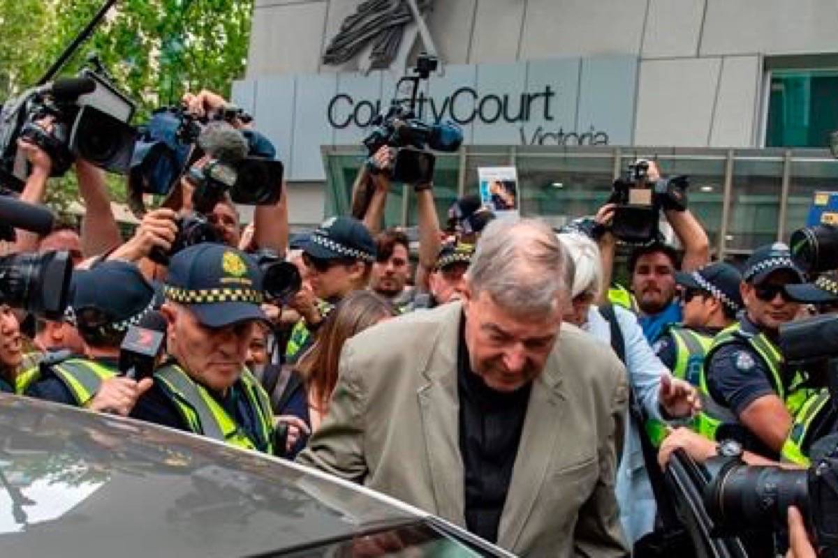 In this Feb. 26, 2019, file photo, Cardinal George Pell leaves the County Court in Melbourne, Australia. An Australian judge sentenced Wednesday, March 13, the most senior Catholic, Pell, to be convicted of child sex abuse to 6 years in prison for molesting two choirboys in a Melbourne cathedral more than 20 years ago. (Andy Brownbill/AP Photo/Andy Brownbill)