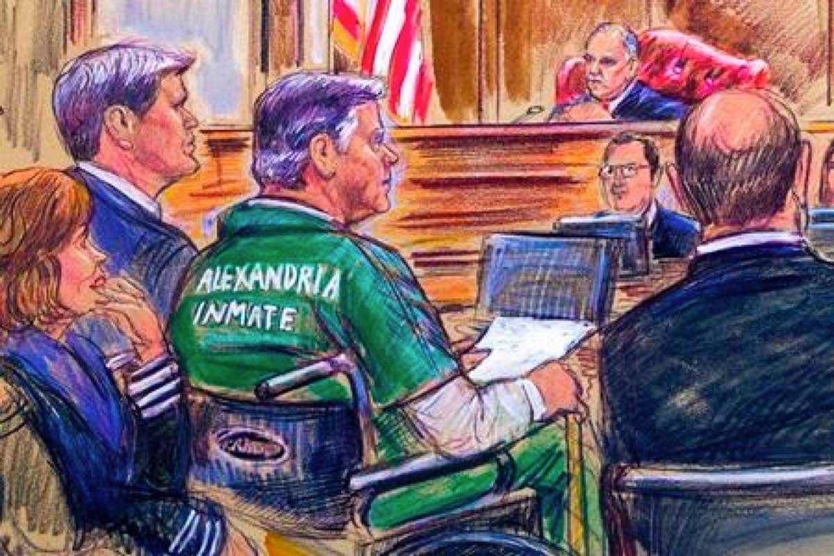 This March 7, 2019, courtroom sketch depicts former Trump campaign chairman Paul Manafort, center in a wheelchair, during his sentencing hearing in federal court before judge T.S. Ellis III in Alexandria, Va. Manafort was sentenced to nearly four years in prison for tax and bank fraud related to his work advising Ukrainian politicians, a significant break from sentencing guidelines that called for a 20-year prison term. (Dana Verkouteren via AP)