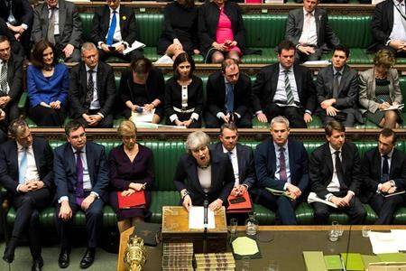 Britain’s Prime Minister Theresa May speaks to lawmakers in the House of Commons, London, Wednesday March 13, 2019. (Mark Duffy/UK Parliament via AP)