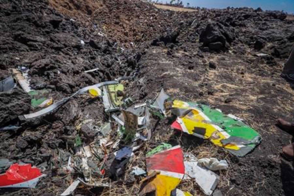 Wreckage lies at the scene of an Ethiopian Airlines flight that crashed shortly after takeoff at Hejere near Bishoftu, or Debre Zeit, some 50 kilometers (31 miles) south of Addis Ababa, in Ethiopia Sunday, March 10, 2019. The Ethiopian Airlines flight crashed shortly after takeoff from Ethiopia’s capital on Sunday morning, killing all 157 on board, authorities said, as grieving families rushed to airports in Addis Ababa and the destination, Nairobi. (AP Photo)
