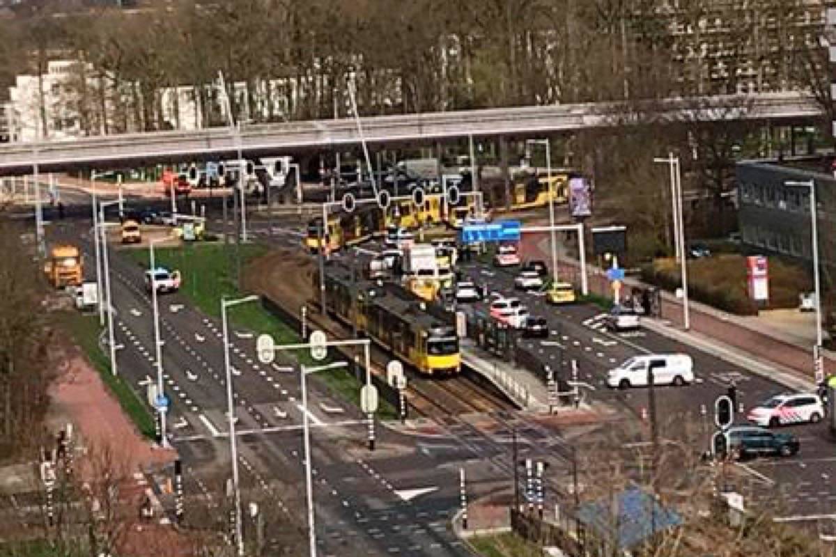 In this image taken from the Twitter page of Lilian Bruigom, emergency services attend the scene of a shooting in Utrecht, Netherlands, Monday March 18, 2019. Police in the central Dutch city of Utrecht say on Twitter that “multiple” people have been injured as a result of a shooting in a tram in a residential neighborhood. (Lilian Bruigom via AP)