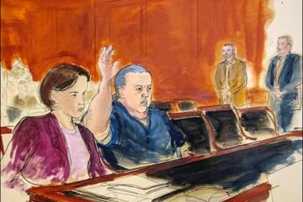 FILE- This Nov. 6, 2018 file courtroom sketch, pipe bomb suspect Cesar Sayoc raises his arm to swear to the truth of his statement of need for assigned counsel, during his presentment in Manhattan Federal Court in New York. he Florida man who authorities say sent pipe bombs to prominent critics of President Donald Trump, is expected to plead guilty in Manhattan federal court on Thursday, March 21, 2019. (Elizabeth Williams via AP)