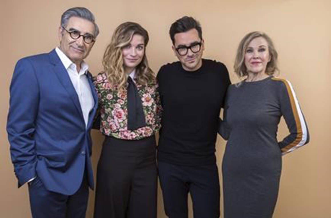 Eugene Levy, from left, Annie Murphy, Daniel Levy and Catherine O’Hara cast members in the Pop TV series “Schitt’s Creek” pose for a portrait during the 2018 Television Critics Association Winter Press Tour in Pasadena, Calif., on January 14, 2018. (AP, Invision - Willy Sanjuan)