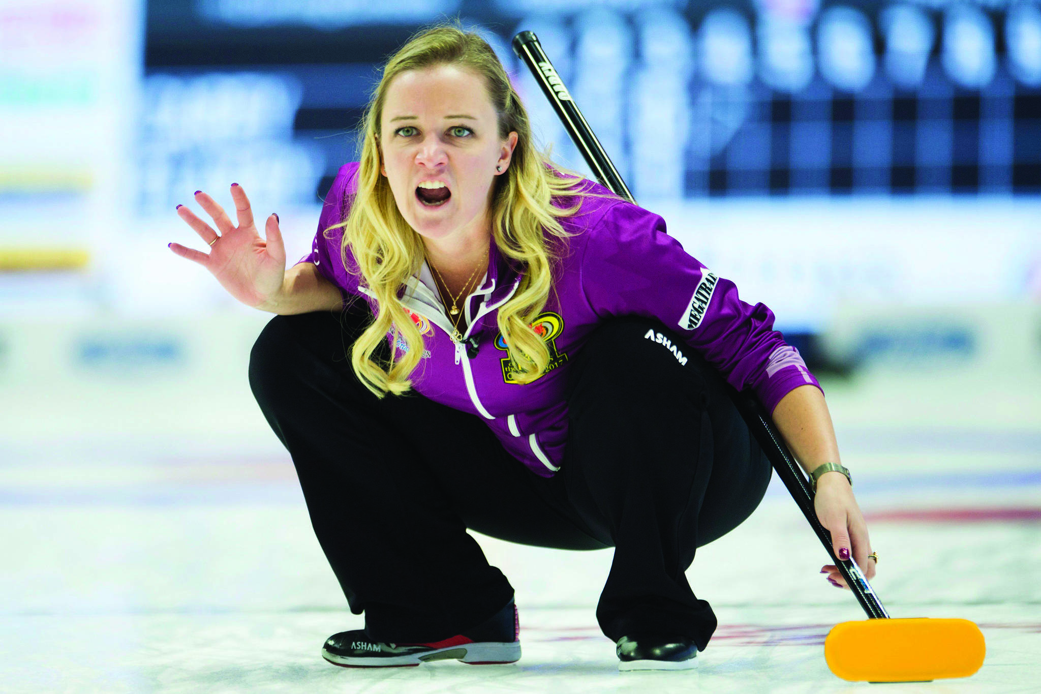 Skip Chelsea Carey, of Calgary, calls to teammates during Olympic curling trials action against Team Flaxey Tuesday December 5, 2017 in Ottawa. (Adrian Wyld/The Canadian Press)