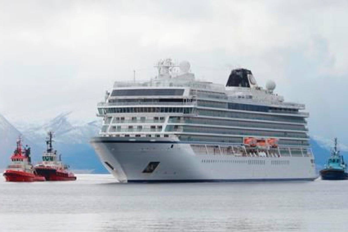 The cruise ship Viking Sky arrives at port off Molde, Norway, Sunday March 24, 2019, after the problems in heavy seas off Norway’s western coast. Rescue helicopters took more than 475 passengers from a cruise ship that got stranded off Norway’s western coast in bad weather before the vessel departed for a nearby port under escort and with nearly 900 people still on board, the ship’s owner said Sunday. (Svein Ove Ekornesvag/NTB scanpix via AP)
